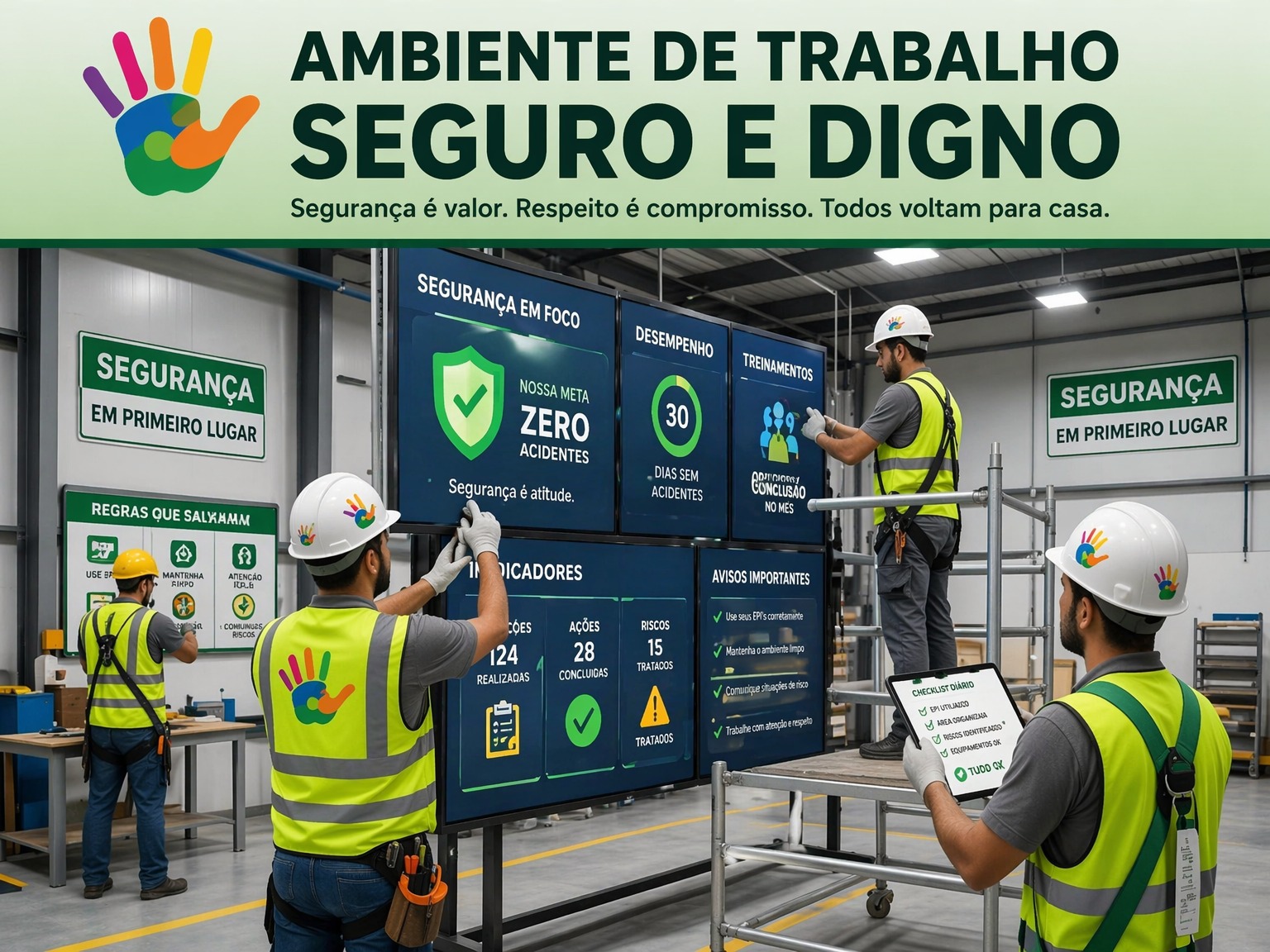 Painéis de segurança e equipe usando EPIs